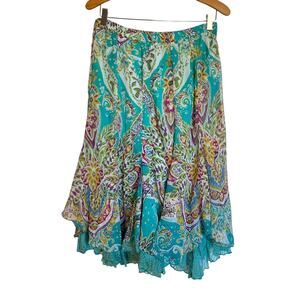 Anu Aqua Blue Paisley Midi Skirt Lace Asymmetrical Hem Floral Fairy Boho Size L